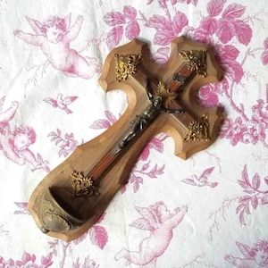 Antique French Religious Wood & Brass Wall Crucifix-Cross-Bénitier-Holy Water Font,Religious Gift,French Church-Religious-Home-Wall Decor,