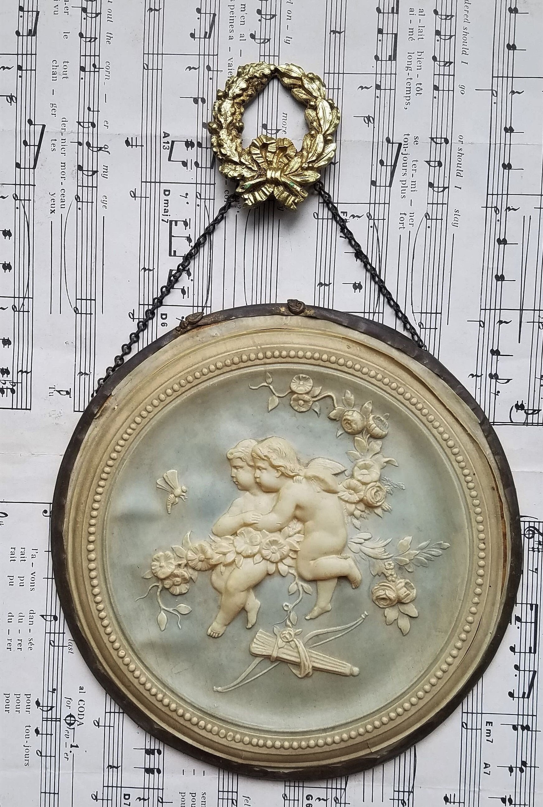 Antique Français Laiton Ormolu Laurel & Oak Leaf Wreath Picture Hook Covers, Cache Clou 1900S, Décor