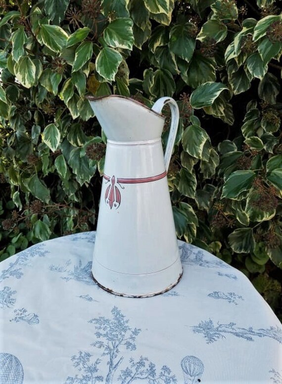 Grand Français Antique Émaillé Rose & Blanc Pitcher-Jug Lavabo, Shabby Chic Vase, Émaillerie Jug, Dé