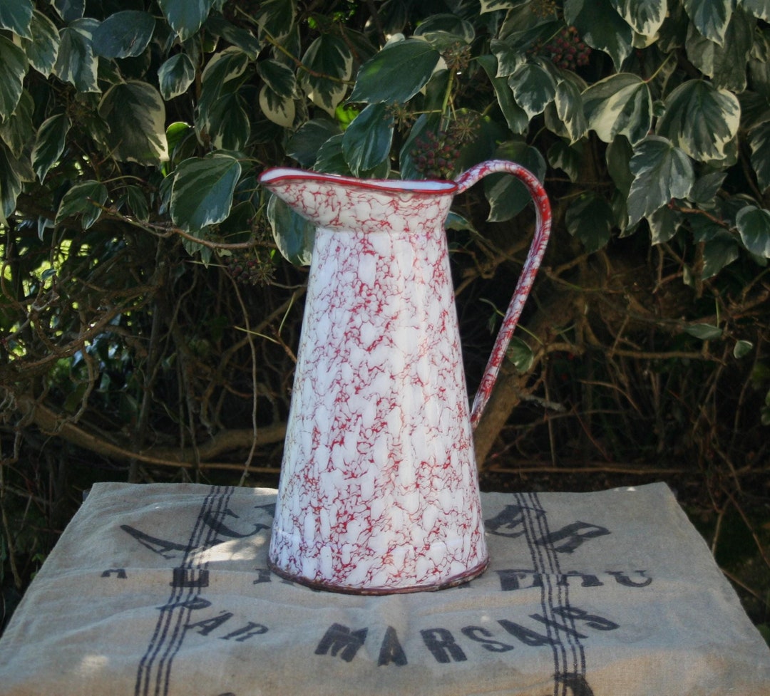 Large Vintage French Red- White Marbled Enamelled Pitcher-jug Lavabo ...