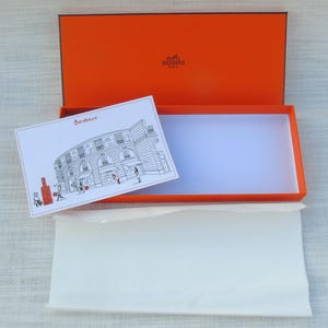 Caixa de presente vazia vintage francesa Hermès laranja e preta com lenços de papel, cartão, caixa de exposição Hermès Paris, caixa de joias Hermès, 11 x 25,5 x 2,5 cm