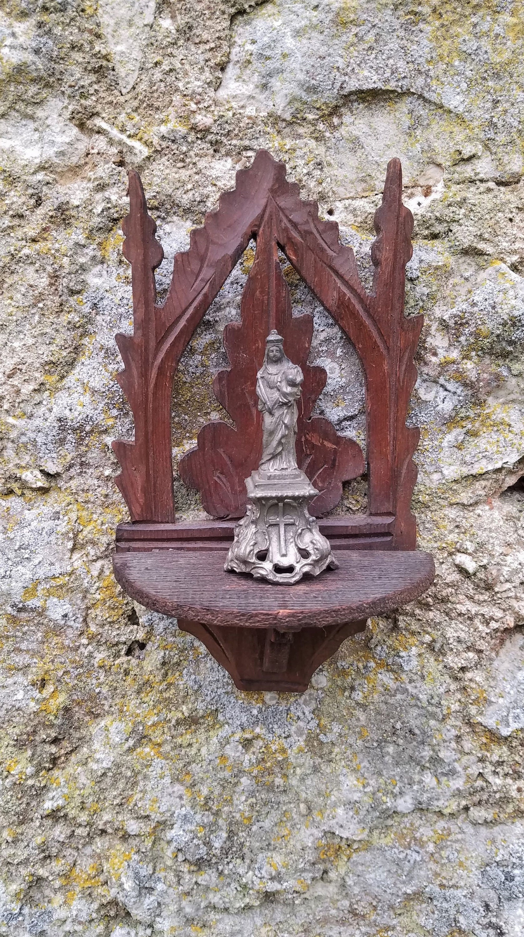 Antique Français Étagère Gothique Pliante en Bois Sculpté-Support de Sconce-Mur-Porte-Bougie-Françai