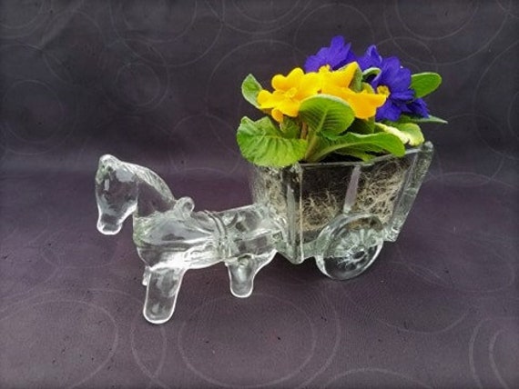 Grand Français Vintage Des Années 1950 en Verre Pressé Cheval-Poney-Âne & Cart, Jardinière de Table 