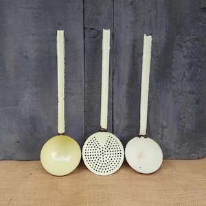 3 Vintage French Yellow Enamelled Kitchen Utensils,Enamel Ladle,French Farmhouse,Enamel Kitchen Utensil,Kitchen Decor,Indoor-Outdoor Cooking