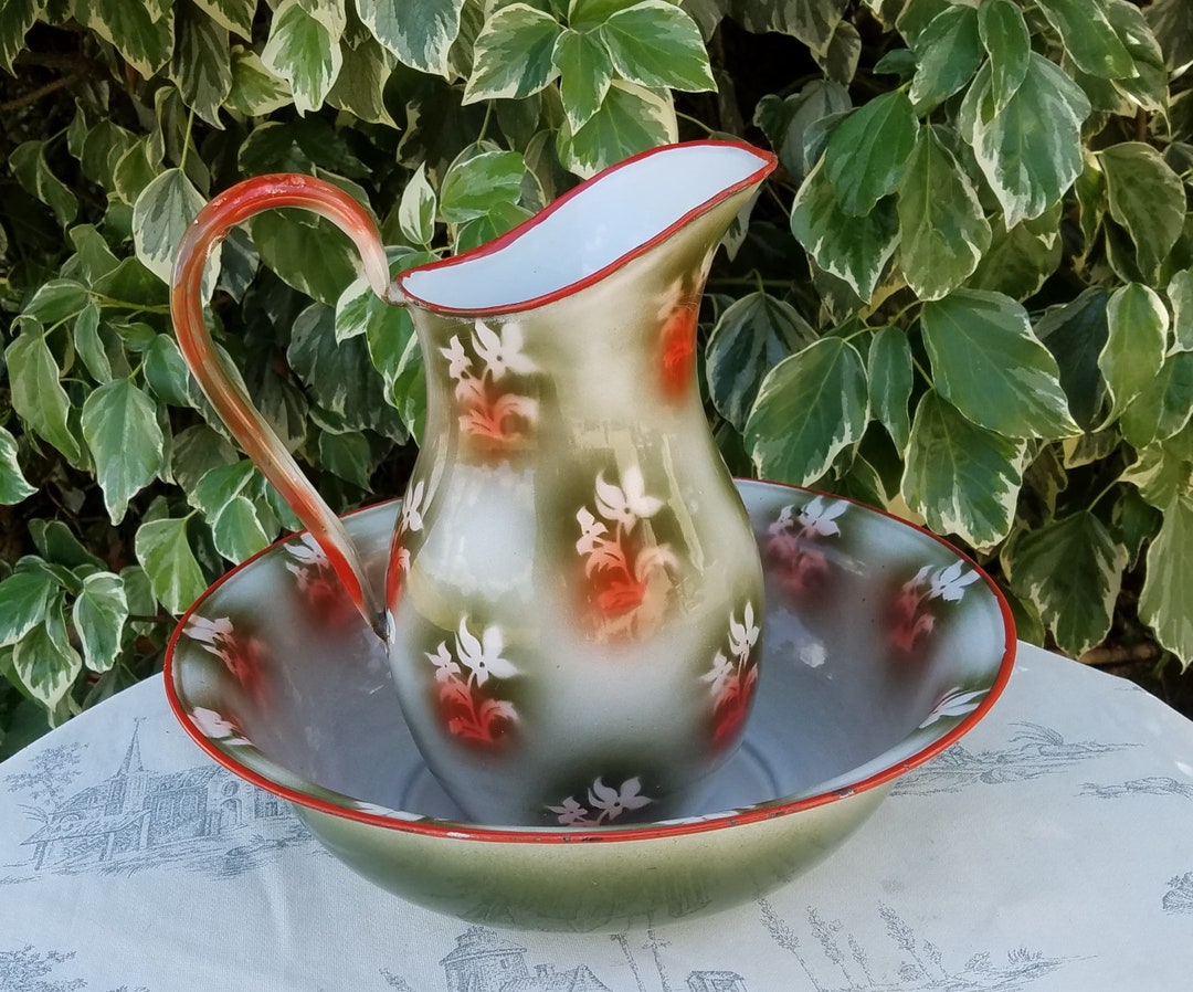Vintage French Red-green Floral Enamelled Pitcher-jug & Bowl Lavabo ...