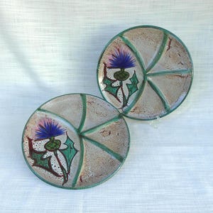Könnte beinhalten: Zwei dekorative Keramikplatten mit einem Disteldesign. Die Platten sind rund mit einem segmentierten Muster in Beige und Grün. Jede Platte zeigt eine lila Distelblume mit grünen Blättern und roten Akzenten.