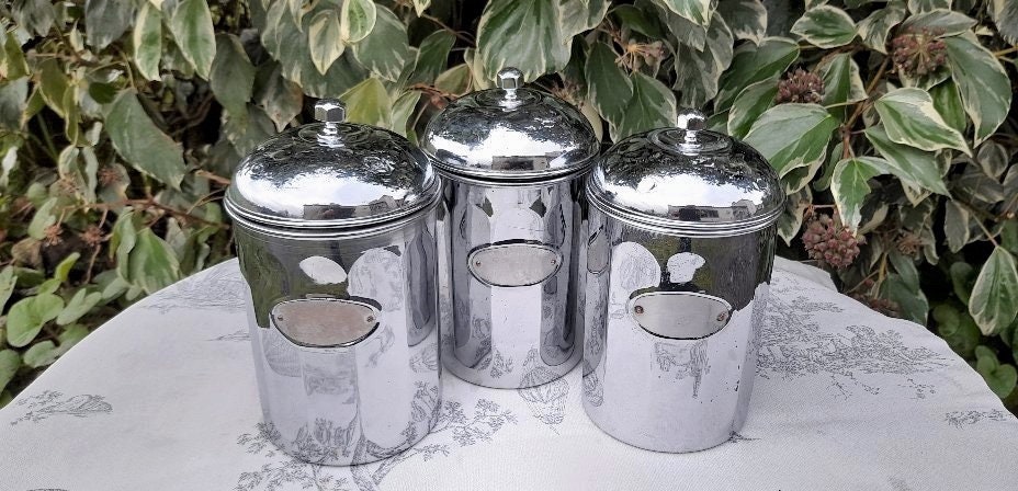 Ensemble de 3 Pots Rangement en Métal Chromé Vintage Français Années 1950, Bidons, Conteneur, Croûte