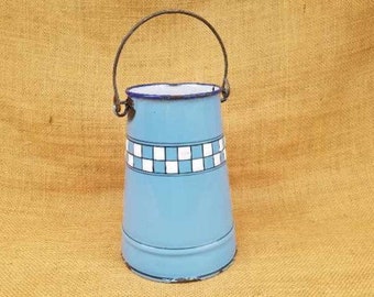 Vintage French Blue & White Check Enamelled Milk Pail,Milk Can,Shabby Chic,French Vintage Farmhouse,Enamel Kitchen,Home Decor,Utensil Pot