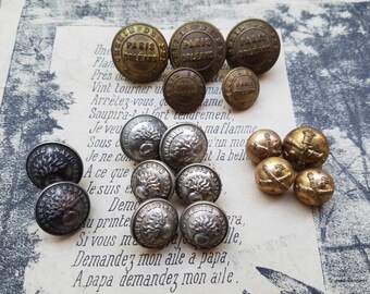 17 Assorted Antique French Railway & Police Metal Shank Buttons,Haberdashery,Dressmaking,Craft Accessories,Sewing Button,Sewing-Needlecraft