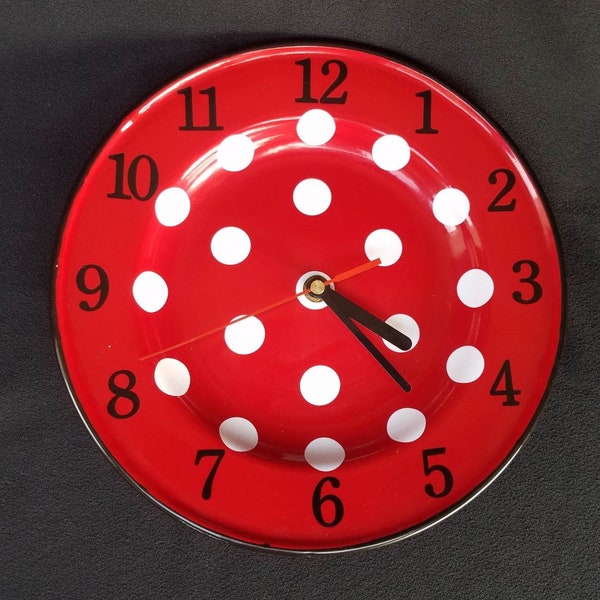 Vintage French Wall-Kitchen Clock with Red & White Polka-Dots,French Enamelware,Vintage French Kitchen Decor,Spotty Enamel,1950's Home Decor