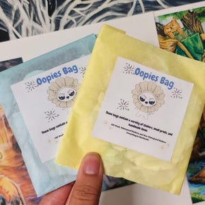 Puede incluir: Dos pequeñas bolsas, una azul claro y otra amarilla, cada una con una etiqueta blanca que dice "Oopies Bag". Las etiquetas presentan un león de dibujos animados y texto que indica que las bolsas contienen pegatinas, pequeñas impresiones y artículos hechos a mano.