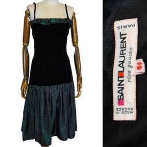 Yves SAINT LAURENT vintage 1980s black velvet dress, YSL fit and flare, drop waist, X-shape, mid-length, cocktail party