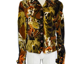 KENZO velvet jacket, colorful animal print, fox and bear print, peak lapel, French designer, vintage Kenzo Jungle