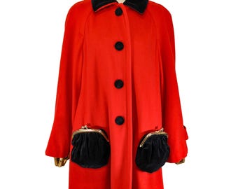 MOSCHINO rare coat, vintage 1990s red wool coat, collector item with coin purse as pockets, A-line oversized coat, Italian designer