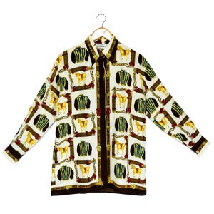 KAMOSHO equestrian print blouse, horses and racing silks, long sleeves, hidden buttons, collared, size XL, casual chic, 1990s vintage