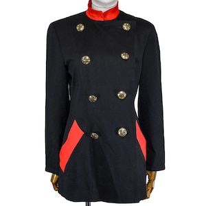 Chaqueta vintage MOSCHINO, inspiración militar, chaqueta de banda, tejido de lana negro y rojo, cruzado, botones dorados, diseño formal italiano