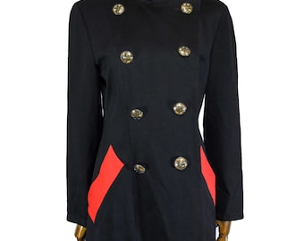 MOSCHINO vintage jacket, military inspired, band jacket, black and red wool fabric, double-breasted, gold buttons, Italian formal design