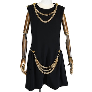 MOSCHINO 30th anniversary black dress, gold chains, X-shape, above-knee length, size 44 IT, spring-summer party dress