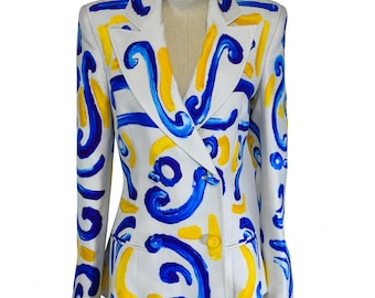 MOSCHINO COUTURE blazer, abstract print pattern, double-breasted, peak lapel, longline jacket, Italian design, formal wear