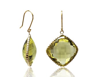 32 CTTW Lemon Quartz 14K Yellow Gold Hallmark Dangle Earrings Cushion Cut Natural Gemstone Birthstone Jewelry