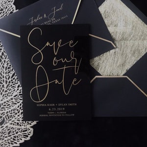 Acrylic modern Save the Date 2mm Clear Transparent or Black Gold Arch cut wedding announcement invitation luxury envelope liner wax seals