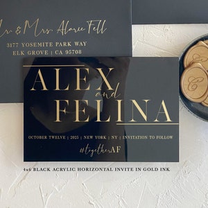 Acrylic modern Save the Date 2mm Clear Transparent or Black Gold Arch cut wedding announcement invitation luxury envelope liner wax seals