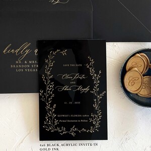 Acrylic modern Save the Date 2mm Clear Transparent or Black Gold Arch cut wedding announcement invitation luxury envelope liner wax seals