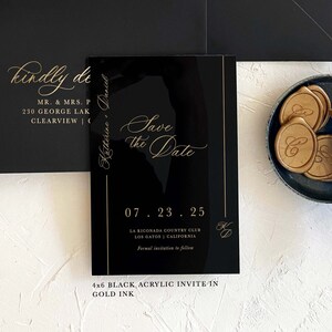 Acrylic modern Save the Date 2mm Clear Transparent or Black Gold Arch cut wedding announcement invitation luxury envelope liner wax seals