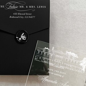 Acrylic modern Save the Date 2mm Clear Transparent or Black Gold Arch cut wedding announcement invitation luxury envelope liner wax seals