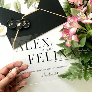 Acrylic modern Save the Date 2mm Clear Transparent or Black Gold Arch cut wedding announcement invitation luxury envelope liner wax seals