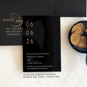 Acrylic modern Save the Date 2mm Clear Transparent or Black Gold Arch cut wedding announcement invitation luxury envelope liner wax seals