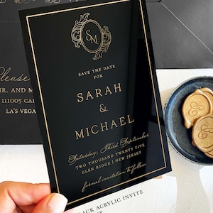Acrylic modern Save the Date 2mm Clear Transparent or Black Gold Arch cut wedding announcement invitation luxury envelope liner wax seals
