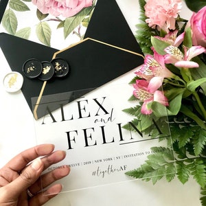 Acrylic modern Save the Date 2mm Clear Transparent or Black Gold Arch cut wedding announcement invitation luxury envelope liner wax seals