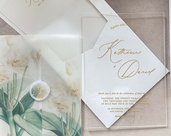 Klare Acryl Hochzeitseinladung Transparent schwarz weiß gold Luxus Blumen Umschlag Liner minimal modern laden floral Plexi MUSTER KIT