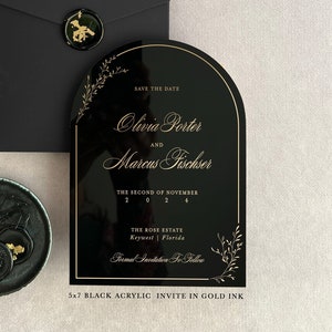 Acrylic modern Save the Date 2mm Clear Transparent or Black Gold Arch cut wedding announcement invitation luxury envelope liner wax seals