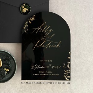 Acrylic modern Save the Date 2mm Clear Transparent or Black Gold Arch cut wedding announcement invitation luxury envelope liner wax seals