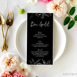 Marque-place personnalisé noir et blanc pour menu de mariage, menu acrylique, marque-place personnalisé pour mariage minimaliste, invitation pour mariage avec cravate noire