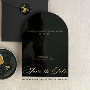 Acrylic modern Save the Date 2mm Clear Transparent or Black Gold Arch cut wedding announcement invitation luxury envelope liner wax seals