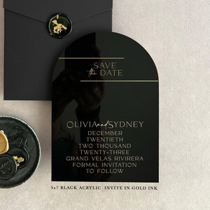 Acrylic modern Save the Date 2mm Clear Transparent or Black Gold Arch cut wedding announcement invitation luxury envelope liner wax seals