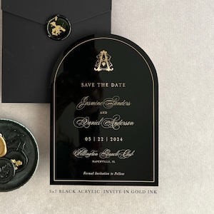 Acrylic modern Save the Date 2mm Clear Transparent or Black Gold Arch cut wedding announcement invitation luxury envelope liner wax seals