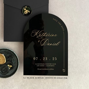 Acrylic modern Save the Date 2mm Clear Transparent or Black Gold Arch cut wedding announcement invitation luxury envelope liner wax seals