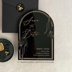Acrylic modern Save the Date 2mm Clear Transparent or Black Gold Arch cut wedding announcement invitation luxury envelope liner wax seals
