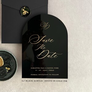Acrylic modern Save the Date 2mm Clear Transparent or Black Gold Arch cut wedding announcement invitation luxury envelope liner wax seals