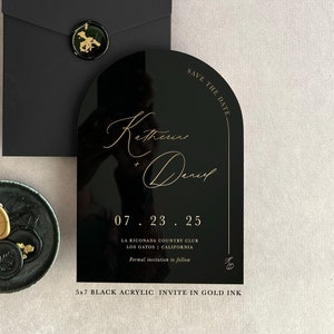Acrylic modern Save the Date 2mm Clear Transparent or Black Gold Arch cut wedding announcement invitation luxury envelope liner wax seals