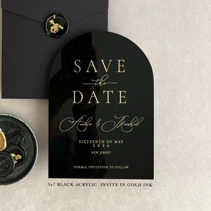 Acrylic modern Save the Date 2mm Clear Transparent or Black Gold Arch cut wedding announcement invitation luxury envelope liner wax seals