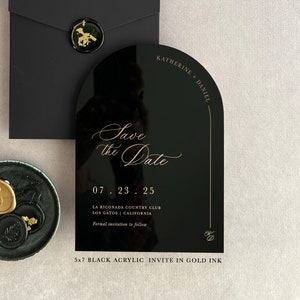 Acrylic modern Save the Date 2mm Clear Transparent or Black Gold Arch cut wedding announcement invitation luxury envelope liner wax seals