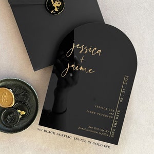 Acrylic modern Save the Date 2mm Clear Transparent or Black Gold Arch cut wedding announcement invitation luxury envelope liner wax seals