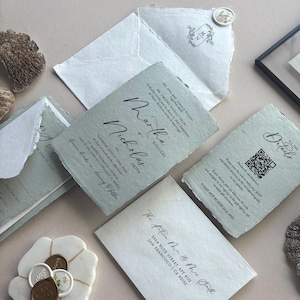 Handmade Wedding Invitation Suite Deckle Edge Invitation with RSVP Card Cotton Envelope Wellum Wrap Wedding stationery for Modern Weddings