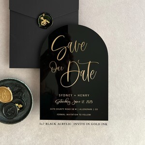 Acrylic modern Save the Date 2mm Clear Transparent or Black Gold Arch cut wedding announcement invitation luxury envelope liner wax seals