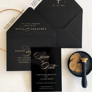 Acrylic modern Save the Date 2mm Clear Transparent or Black Gold Arch cut wedding announcement invitation luxury envelope liner wax seals